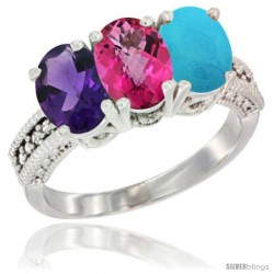 10K White Gold Natural Amethyst, Pink Topaz & Turquoise Ring 3-Stone Oval 7x5 mm Diamond Accent