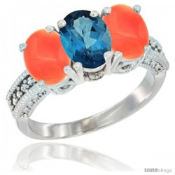 10K White Gold Natural London Blue Topaz & Coral Sides Ring 3-Stone Oval 7x5 mm Diamond Accent