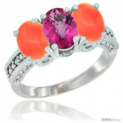 10K White Gold Natural Pink Topaz & Coral Sides Ring 3-Stone Oval 7x5 mm Diamond Accent