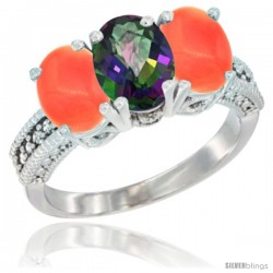 10K White Gold Natural Mystic Topaz & Coral Sides Ring 3-Stone Oval 7x5 mm Diamond Accent