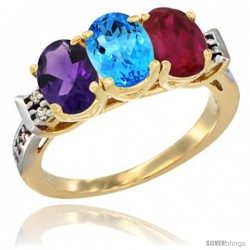 10K Yellow Gold Natural Amethyst, Swiss Blue Topaz & Ruby Ring 3-Stone Oval 7x5 mm Diamond Accent