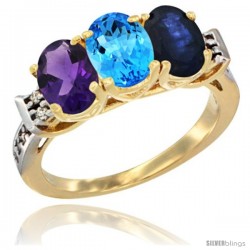 10K Yellow Gold Natural Amethyst, Swiss Blue Topaz & Blue Sapphire Ring 3-Stone Oval 7x5 mm Diamond Accent