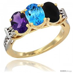 10K Yellow Gold Natural Amethyst, Swiss Blue Topaz & Black Onyx Ring 3-Stone Oval 7x5 mm Diamond Accent