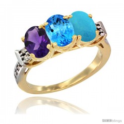 10K Yellow Gold Natural Amethyst, Swiss Blue Topaz & Turquoise Ring 3-Stone Oval 7x5 mm Diamond Accent