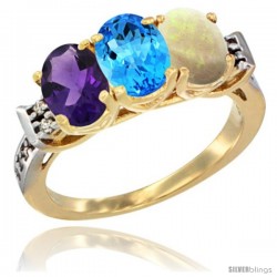 10K Yellow Gold Natural Amethyst, Swiss Blue Topaz & Opal Ring 3-Stone Oval 7x5 mm Diamond Accent