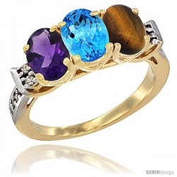 10K Yellow Gold Natural Amethyst, Swiss Blue Topaz & Tiger Eye Ring 3-Stone Oval 7x5 mm Diamond Accent