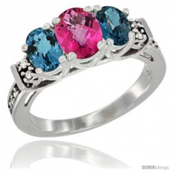 14K White Gold Natural Pink Topaz & London Blue Ring 3-Stone Oval with Diamond Accent