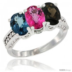 14K White Gold Natural London Blue Topaz, Pink Topaz & Smoky Topaz Ring 3-Stone 7x5 mm Oval Diamond Accent