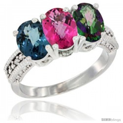 14K White Gold Natural London Blue Topaz, Pink Topaz & Mystic Topaz Ring 3-Stone 7x5 mm Oval Diamond Accent