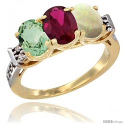 10K Yellow Gold Natural Green Amethyst, Ruby & Opal Ring 3-Stone Oval 7x5 mm Diamond Accent