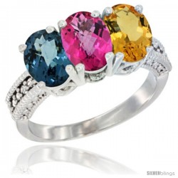 14K White Gold Natural London Blue Topaz, Pink Topaz & Citrine Ring 3-Stone 7x5 mm Oval Diamond Accent