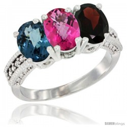 14K White Gold Natural London Blue Topaz, Pink Topaz & Garnet Ring 3-Stone 7x5 mm Oval Diamond Accent