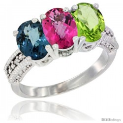 14K White Gold Natural London Blue Topaz, Pink Topaz & Peridot Ring 3-Stone 7x5 mm Oval Diamond Accent