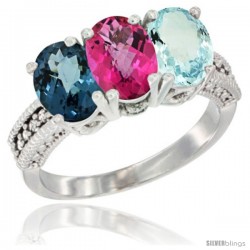 14K White Gold Natural London Blue Topaz, Pink Topaz & Aquamarine Ring 3-Stone 7x5 mm Oval Diamond Accent