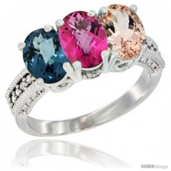 14K White Gold Natural London Blue Topaz, Pink Topaz & Morganite Ring 3-Stone 7x5 mm Oval Diamond Accent