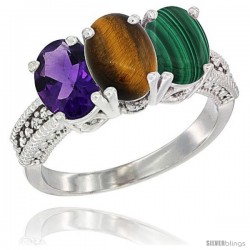 14K White Gold Natural Amethyst, Tiger Eye & Malachite Ring 3-Stone 7x5 mm Oval Diamond Accent