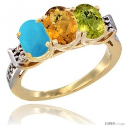 10K Yellow Gold Natural Turquoise, Whisky Quartz & Lemon Quartz Ring 3-Stone Oval 7x5 mm Diamond Accent