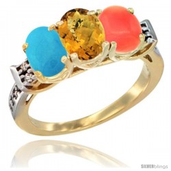 10K Yellow Gold Natural Turquoise, Whisky Quartz & Coral Ring 3-Stone Oval 7x5 mm Diamond Accent