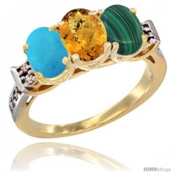 10K Yellow Gold Natural Turquoise, Whisky Quartz & Malachite Ring 3-Stone Oval 7x5 mm Diamond Accent