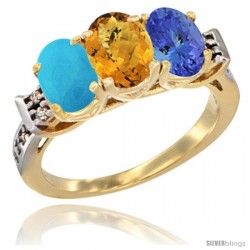 10K Yellow Gold Natural Turquoise, Whisky Quartz & Tanzanite Ring 3-Stone Oval 7x5 mm Diamond Accent