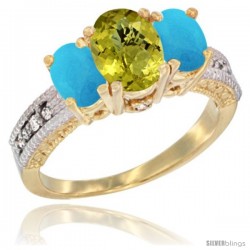 10K Yellow Gold Ladies Oval Natural Lemon Quartz 3-Stone Ring with Turquoise Sides Diamond Accent