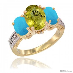 10K Yellow Gold Ladies 3-Stone Oval Natural Lemon Quartz Ring with Turquoise Sides Diamond Accent