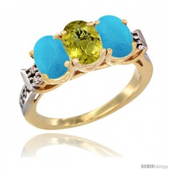 10K Yellow Gold Natural Lemon Quartz & Turquoise Sides Ring 3-Stone Oval 7x5 mm Diamond Accent