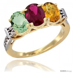 10K Yellow Gold Natural Green Amethyst, Ruby & Whisky Quartz Ring 3-Stone Oval 7x5 mm Diamond Accent