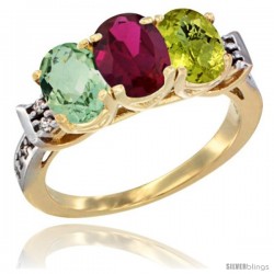 10K Yellow Gold Natural Green Amethyst, Ruby & Lemon Quartz Ring 3-Stone Oval 7x5 mm Diamond Accent