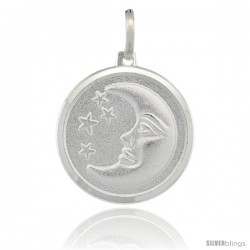 Sterling Silver Crescent Moon w/ Stars Round Medal Made in Italy, 3/4 in