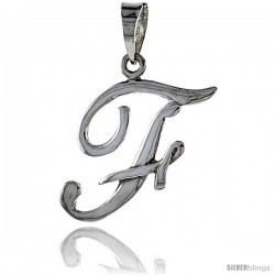 Sterling Silver Script Initial Letter F Alphabet Pendant Flawless Polish, 1 1/2 in long