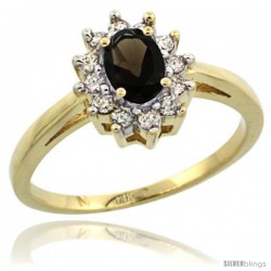 14k Yellow Gold Smoky Topaz Diamond Halo Ring Oval Shape 1.2 Carat 6X4 mm, 1/2 in wide