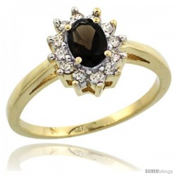 14k Yellow Gold Smoky Topaz Diamond Halo Ring Oval Shape 1.2 Carat 6X4 mm, 1/2 in wide