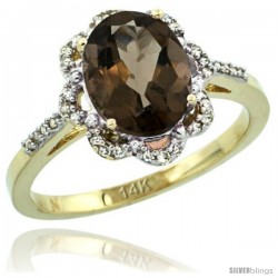 14k Yellow Gold Diamond Halo Smoky Topaz Ring 1.65 Carat Oval Shape 9X7 mm, 7/16 in (11mm) wide