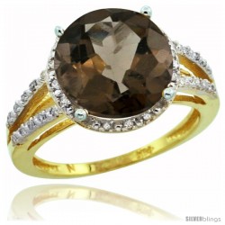 14k Yellow Gold Diamond Smoky Topaz Ring 5.25 ct Round Shape 11 mm, 1/2 in wide