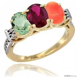 10K Yellow Gold Natural Green Amethyst, Ruby & Coral Ring 3-Stone Oval 7x5 mm Diamond Accent