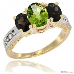 14k Yellow Gold Ladies Oval Natural Peridot 3-Stone Ring with Smoky Topaz Sides Diamond Accent