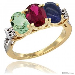 10K Yellow Gold Natural Green Amethyst, Ruby & Lapis Ring 3-Stone Oval 7x5 mm Diamond Accent