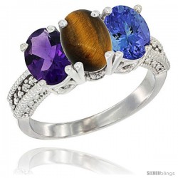 14K White Gold Natural Amethyst, Tiger Eye & Tanzanite Ring 3-Stone 7x5 mm Oval Diamond Accent