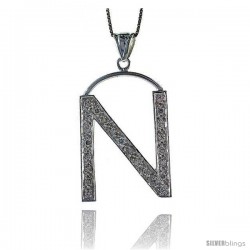 Sterling Silver Cubic Zirconia Block Initial Letter N Alphabet Pendant, 1 5/8 in