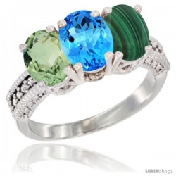 14K White Gold Natural Green Amethyst, Swiss Blue Topaz & Malachite Ring 3-Stone 7x5 mm Oval Diamond Accent