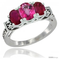 14K White Gold Natural Pink Topaz & Ruby Ring 3-Stone Oval with Diamond Accent