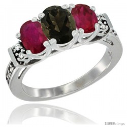 14K White Gold Natural Smoky Topaz & Ruby Ring 3-Stone Oval with Diamond Accent