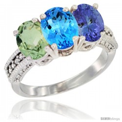 14K White Gold Natural Green Amethyst, Swiss Blue Topaz & Tanzanite Ring 3-Stone 7x5 mm Oval Diamond Accent