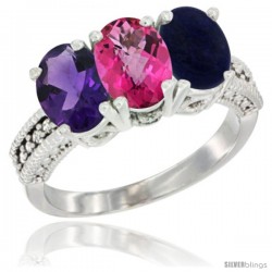 10K White Gold Natural Amethyst, Pink Topaz & Lapis Ring 3-Stone Oval 7x5 mm Diamond Accent