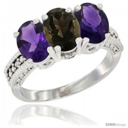 10K White Gold Natural Smoky Topaz & Amethyst Sides Ring 3-Stone Oval 7x5 mm Diamond Accent