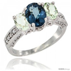 14k White Gold Ladies Oval Natural London Blue Topaz 3-Stone Ring with Green Amethyst Sides Diamond Accent