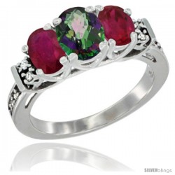 14K White Gold Natural Mystic Topaz & Ruby Ring 3-Stone Oval with Diamond Accent