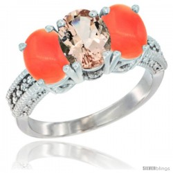 10K White Gold Natural Morganite & Coral Sides Ring 3-Stone Oval 7x5 mm Diamond Accent