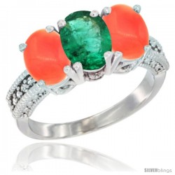 10K White Gold Natural Emerald & Coral Sides Ring 3-Stone Oval 7x5 mm Diamond Accent